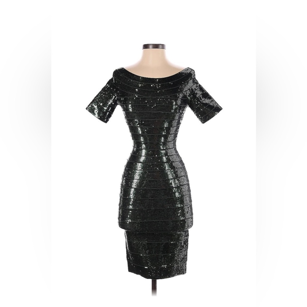 Herve Leger Carmen Off Shoulder Sequin Green Dress XS